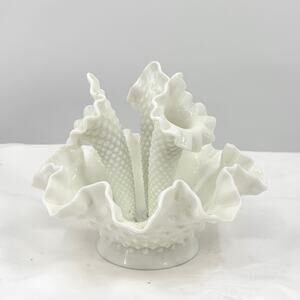 Vintage 50s Fenton White Milk Glass Hobnail 4-Piece Epergne Vase